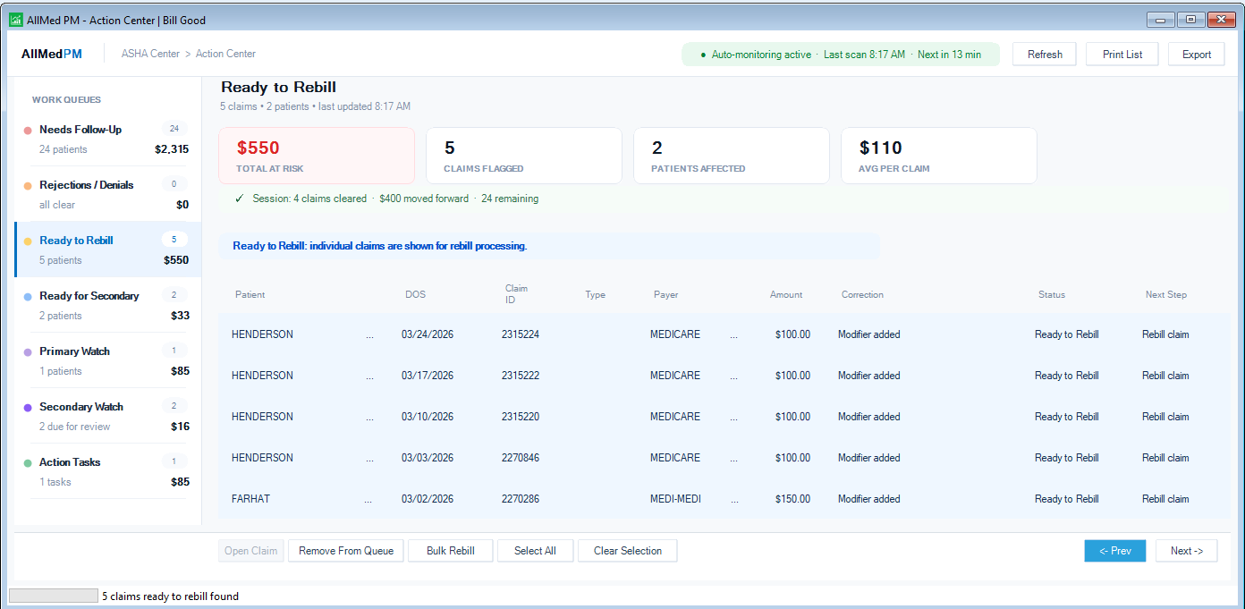 Action Center Rebill Queue