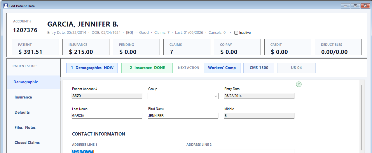 Workers Comp from Patient Screen